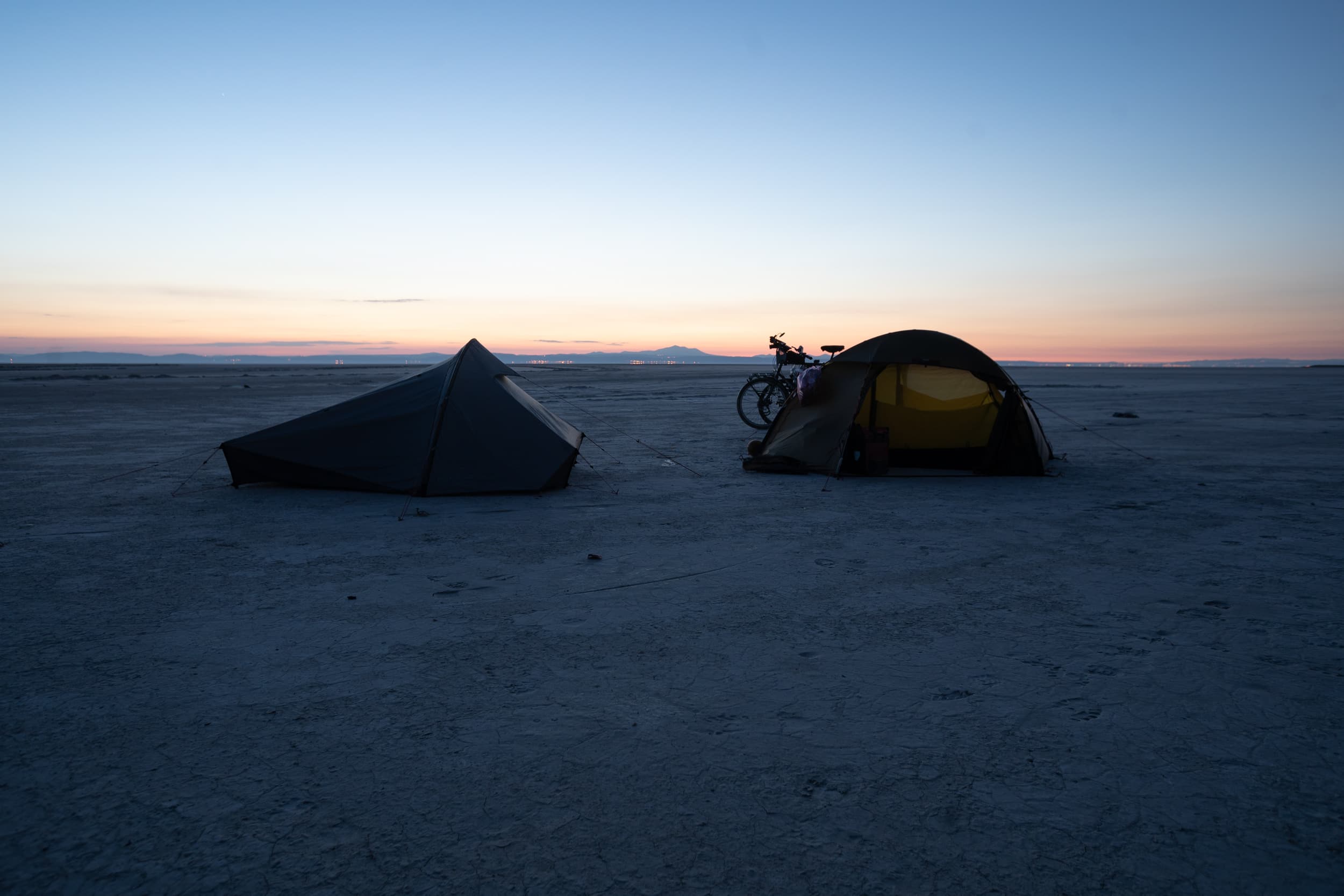 two tents on Tuzla Gölü at dawn